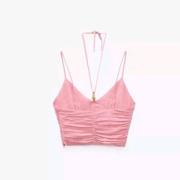 NWT Zara Pink Linen Blend Crop Top Tank Top - Picture 3 of 7